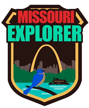 Missouri Explorer Campaign Badge with blue bird Infront of river and St Louis Arch